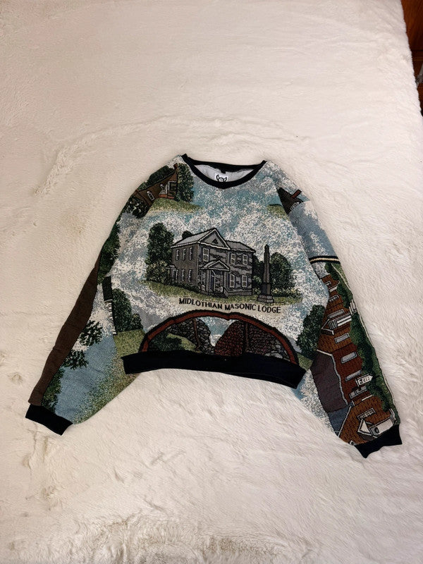 Sweat crewneck en tapisserie ample boxy unisexe unique fait main upcyclé tissé taille L n•1078