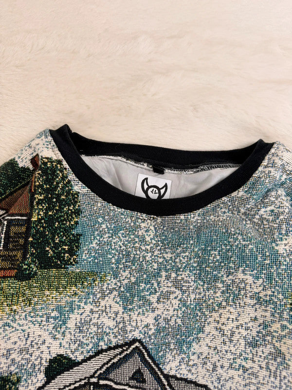 Sweat crewneck en tapisserie ample boxy unisexe unique fait main upcyclé tissé taille L n•1078