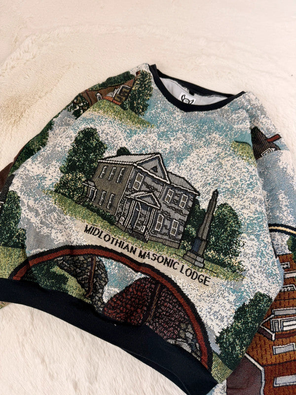 Sweat crewneck en tapisserie ample boxy unisexe unique fait main upcyclé tissé taille L n•1078