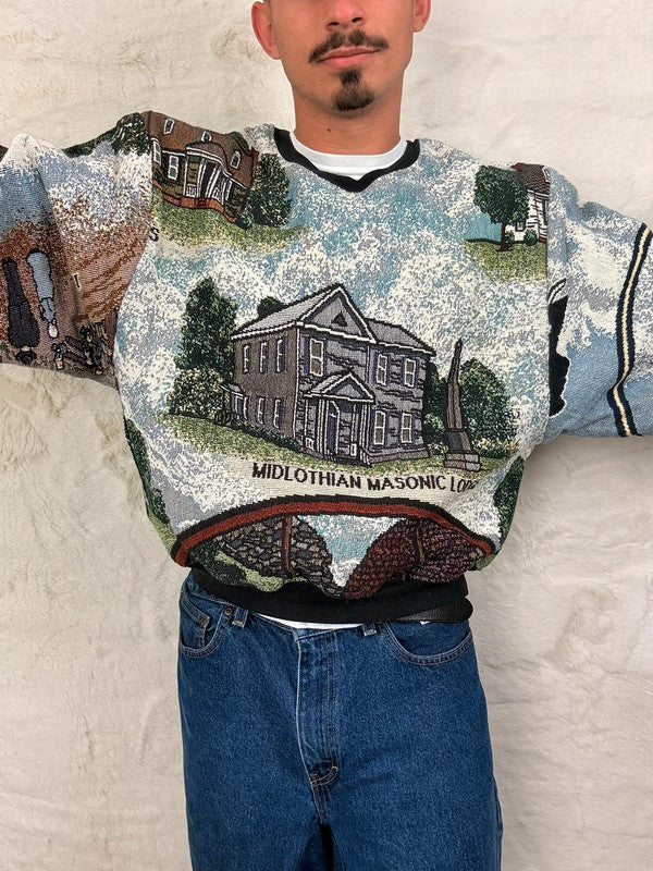 Sweat crewneck en tapisserie ample boxy unisexe unique fait main upcyclé tissé taille L n•1078