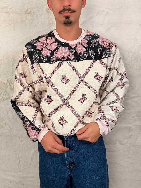 Sweat crewneck en tapisserie ample boxy unisexe unique fait main upcyclé tissé taille M n•1079