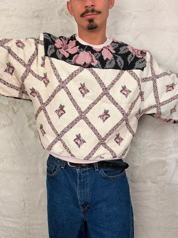 Sweat crewneck en tapisserie ample boxy unisexe unique fait main upcyclé tissé taille M n•1079