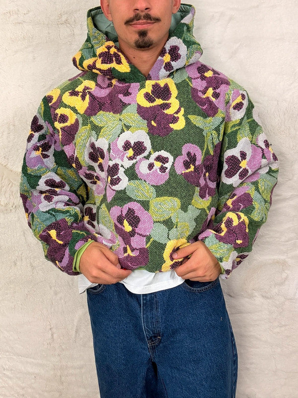 Sweat à capuche en tapisserie ample boxy unisexe unique fait main upcyclé tissé taille L n•1081