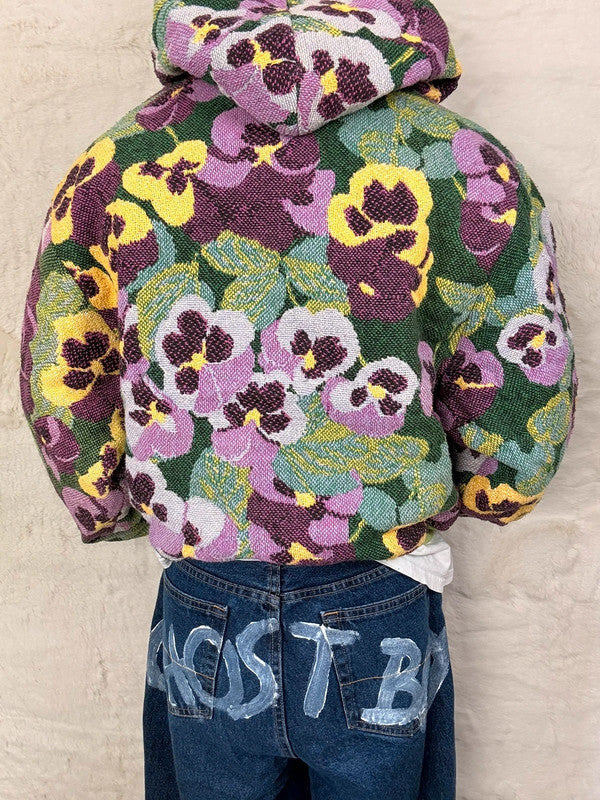 Sweat à capuche en tapisserie ample boxy unisexe unique fait main upcyclé tissé taille L n•1081