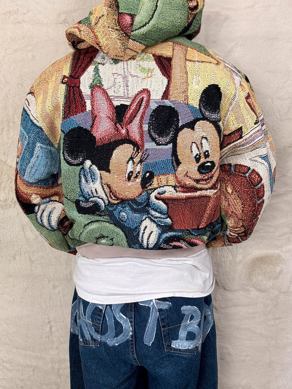 Sweat à capuche en tapisserie ample boxy unisexe unique fait main upcyclé tissé taille M n•1082