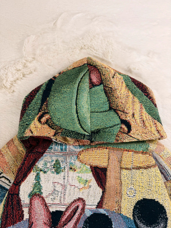 Sweat à capuche en tapisserie ample boxy unisexe unique fait main upcyclé tissé taille M n•1082