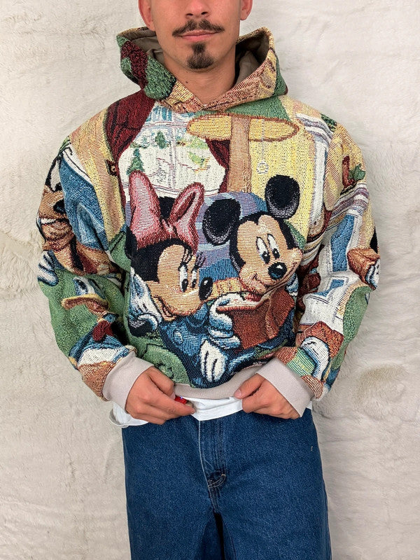 Sweat à capuche en tapisserie ample boxy unisexe unique fait main upcyclé tissé taille M n•1082