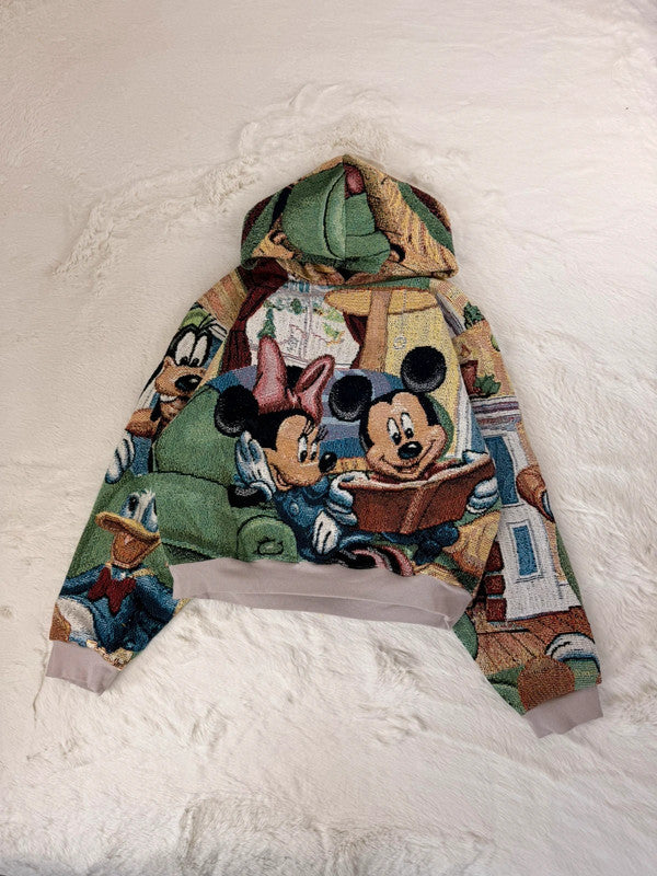Sweat à capuche en tapisserie ample boxy unisexe unique fait main upcyclé tissé taille M n•1082