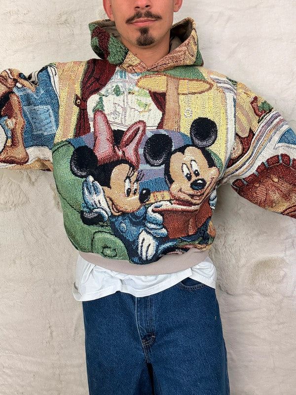 Sweat à capuche en tapisserie ample boxy unisexe unique fait main upcyclé tissé taille M n•1082