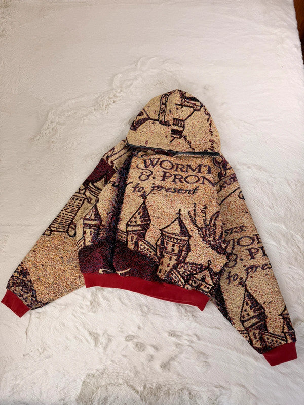 Sweat à capuche en tapisserie ample boxy unisexe unique fait main upcyclé tissé taille L n•1083