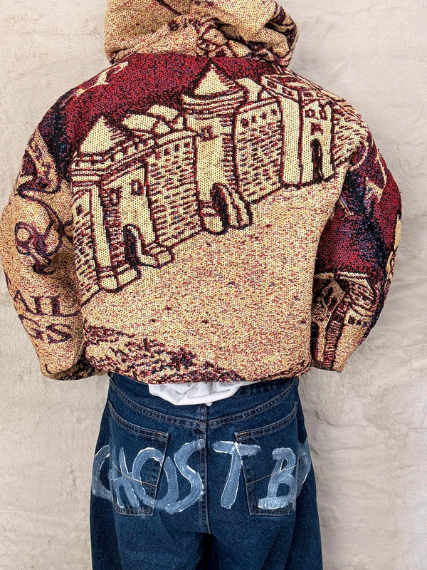 Sweat à capuche en tapisserie ample boxy unisexe unique fait main upcyclé tissé taille L n•1083