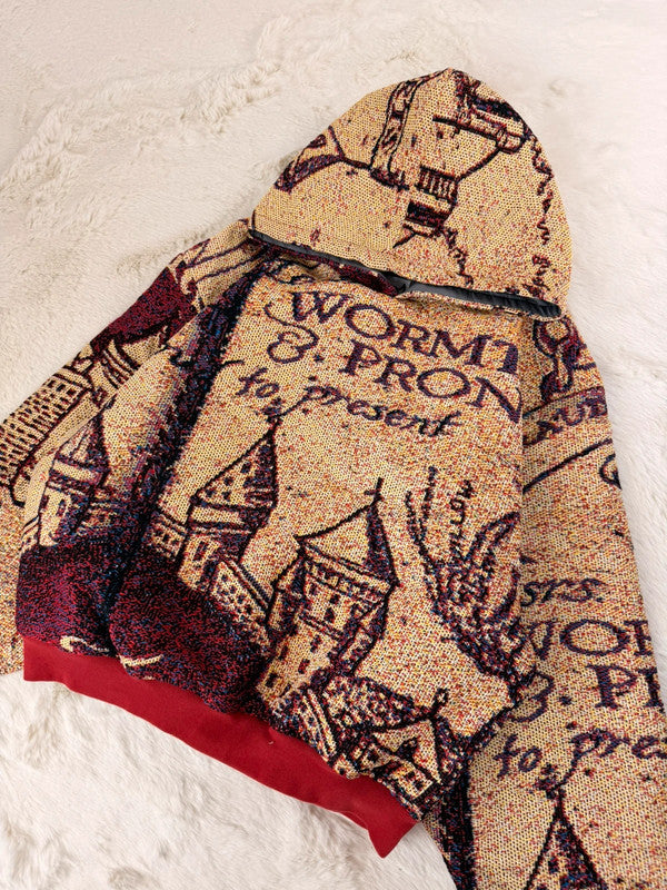 Sweat à capuche en tapisserie ample boxy unisexe unique fait main upcyclé tissé taille L n•1083