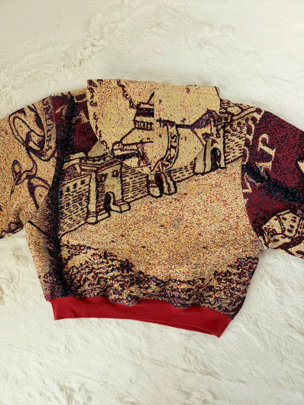 Sweat à capuche en tapisserie ample boxy unisexe unique fait main upcyclé tissé taille L n•1083