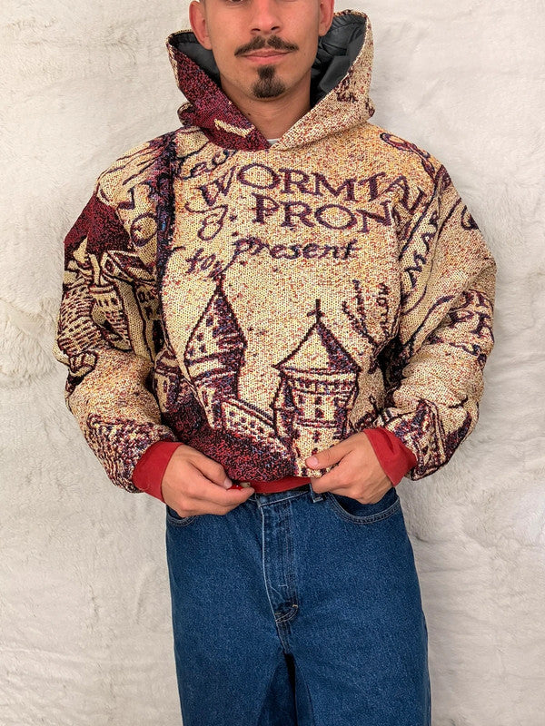 Sweat à capuche en tapisserie ample boxy unisexe unique fait main upcyclé tissé taille L n•1083