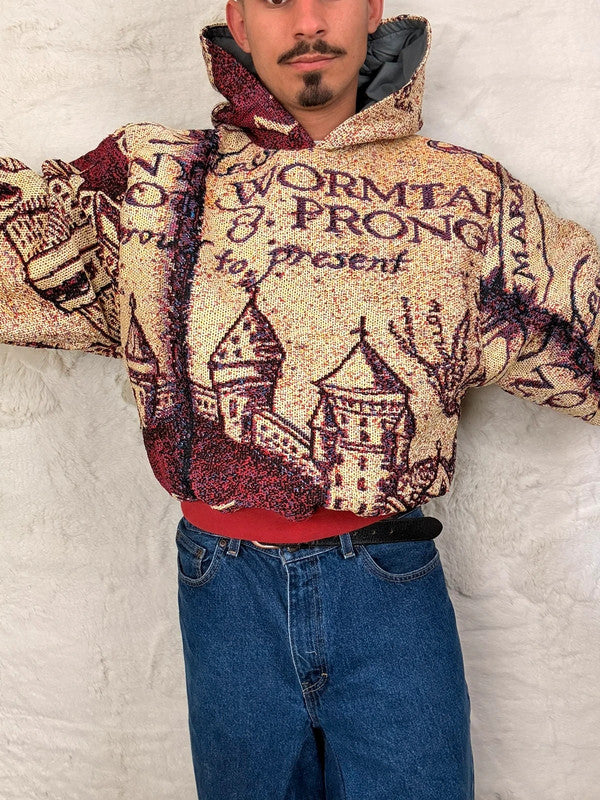 Sweat à capuche en tapisserie ample boxy unisexe unique fait main upcyclé tissé taille L n•1083