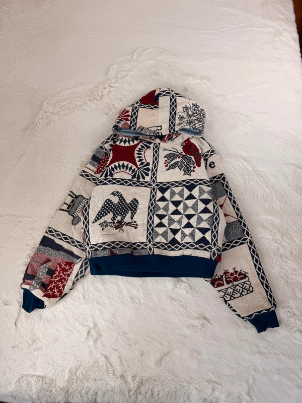 Sweat à capuche en tapisserie ample boxy unisexe unique fait main upcyclé tissé taille S n•1084