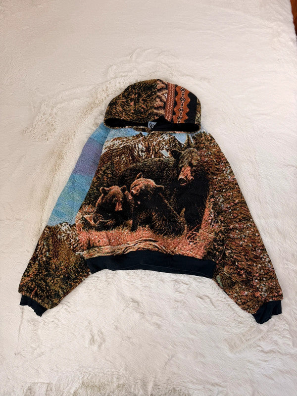 Sweat à capuche en tapisserie ample boxy unisexe unique fait main upcyclé tissé taille L n•1085