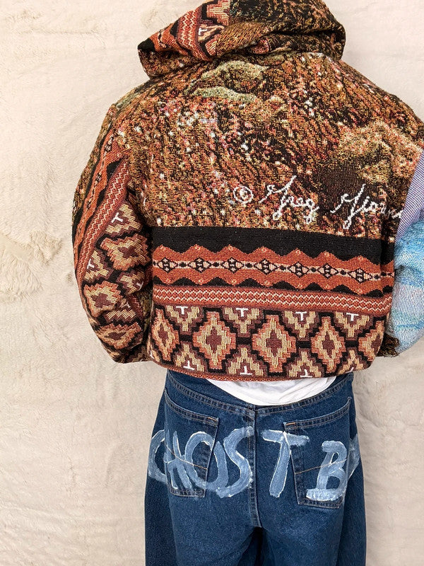 Sweat à capuche en tapisserie ample boxy unisexe unique fait main upcyclé tissé taille L n•1085