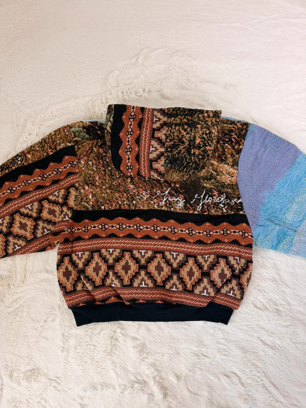 Sweat à capuche en tapisserie ample boxy unisexe unique fait main upcyclé tissé taille L n•1085