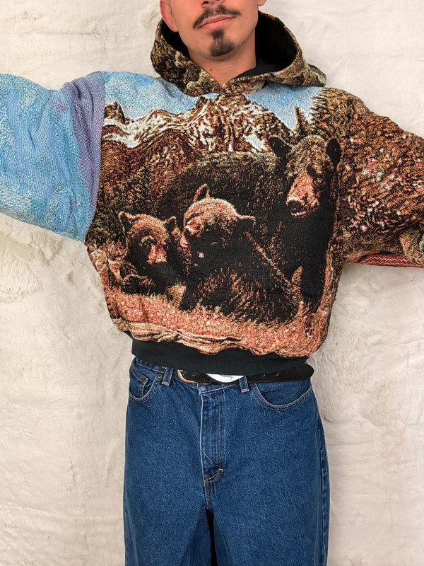 Sweat à capuche en tapisserie ample boxy unisexe unique fait main upcyclé tissé taille L n•1085