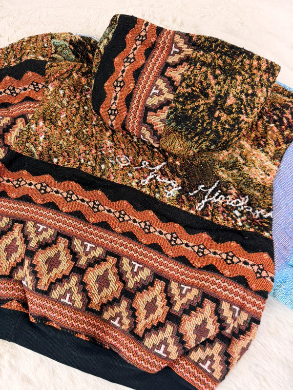 Sweat à capuche en tapisserie ample boxy unisexe unique fait main upcyclé tissé taille L n•1085