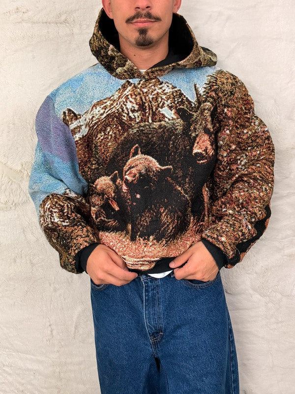 Sweat à capuche en tapisserie ample boxy unisexe unique fait main upcyclé tissé taille L n•1085
