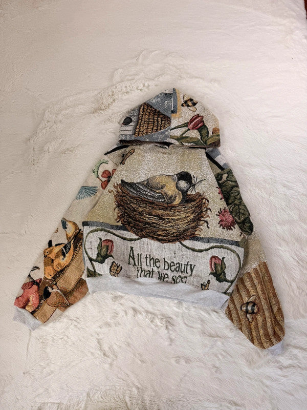 Sweat à capuche en tapisserie ample boxy unisexe unique fait main upcyclé tissé taille M n•1086