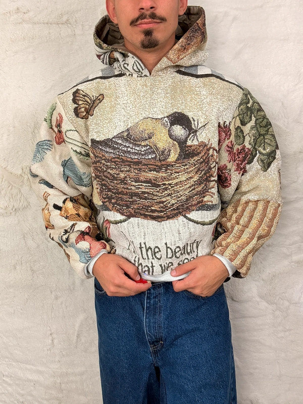 Sweat à capuche en tapisserie ample boxy unisexe unique fait main upcyclé tissé taille M n•1086