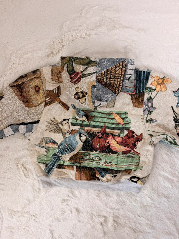 Sweat à capuche en tapisserie ample boxy unisexe unique fait main upcyclé tissé taille M n•1086