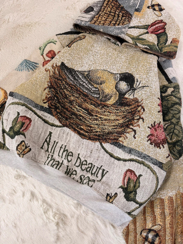 Sweat à capuche en tapisserie ample boxy unisexe unique fait main upcyclé tissé taille M n•1086