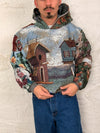 Sweat à capuche en tapisserie ample boxy unisexe unique fait main upcyclé tissé taille L n•1087