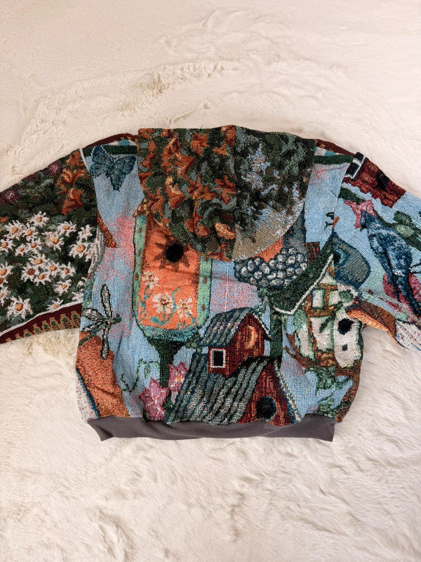 Sweat à capuche en tapisserie ample boxy unisexe unique fait main upcyclé tissé taille L n•1087
