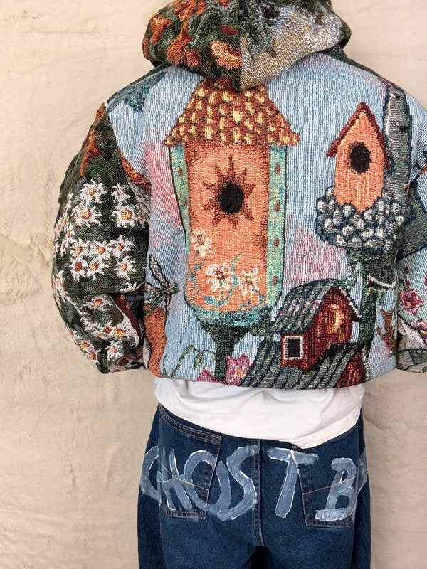 Sweat à capuche en tapisserie ample boxy unisexe unique fait main upcyclé tissé taille L n•1087