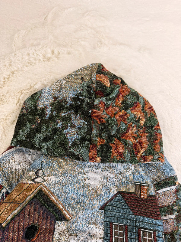 Sweat à capuche en tapisserie ample boxy unisexe unique fait main upcyclé tissé taille L n•1087