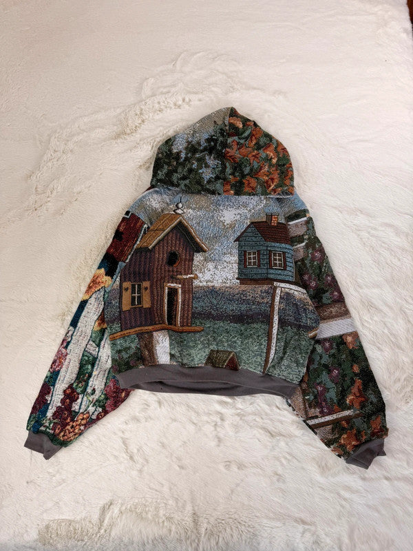 Sweat à capuche en tapisserie ample boxy unisexe unique fait main upcyclé tissé taille L n•1087