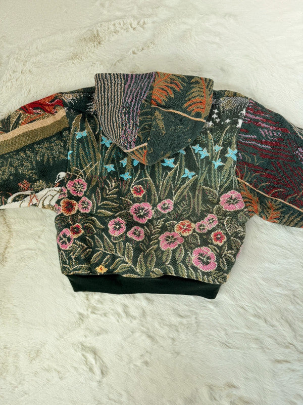 Sweat à capuche en tapisserie ample boxy unisexe unique fait main upcyclé tissé taille S n•1088