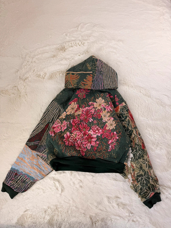 Sweat à capuche en tapisserie ample boxy unisexe unique fait main upcyclé tissé taille S n•1088