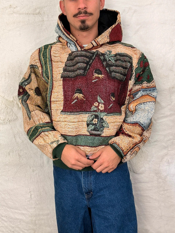 Sweat à capuche en tapisserie ample boxy unisexe unique fait main upcyclé tissé taille L n•1089
