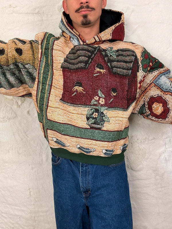 Sweat à capuche en tapisserie ample boxy unisexe unique fait main upcyclé tissé taille L n•1089