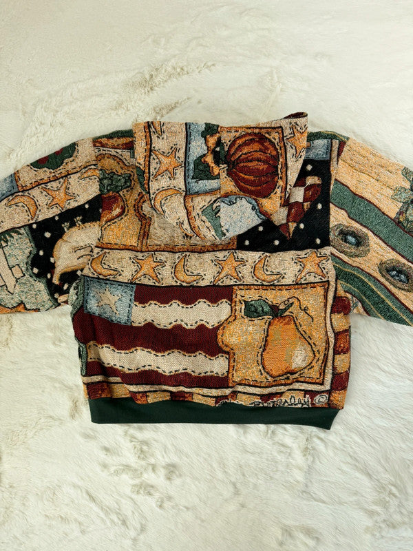 Sweat à capuche en tapisserie ample boxy unisexe unique fait main upcyclé tissé taille L n•1089