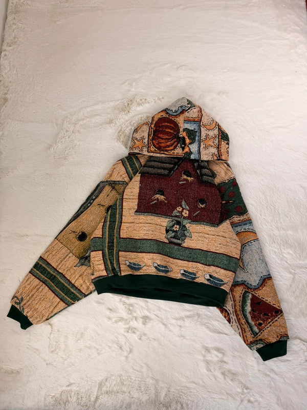 Sweat à capuche en tapisserie ample boxy unisexe unique fait main upcyclé tissé taille L n•1089