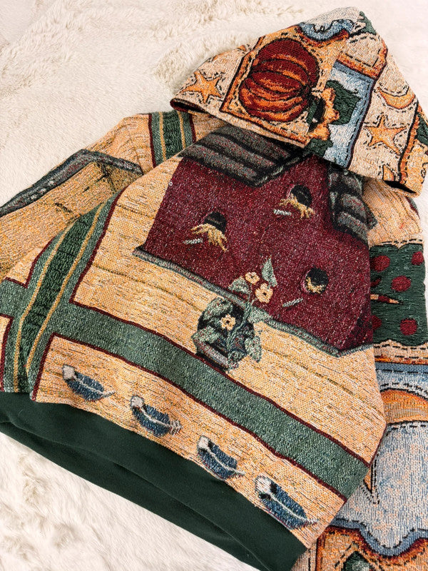 Sweat à capuche en tapisserie ample boxy unisexe unique fait main upcyclé tissé taille L n•1089