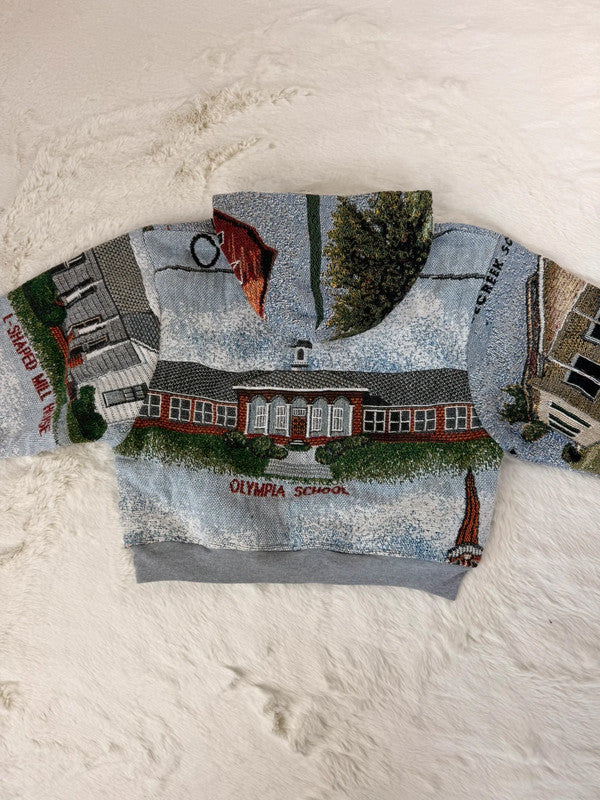Sweat à capuche en tapisserie ample boxy unisexe unique fait main upcyclé tissé taille XS n•1090