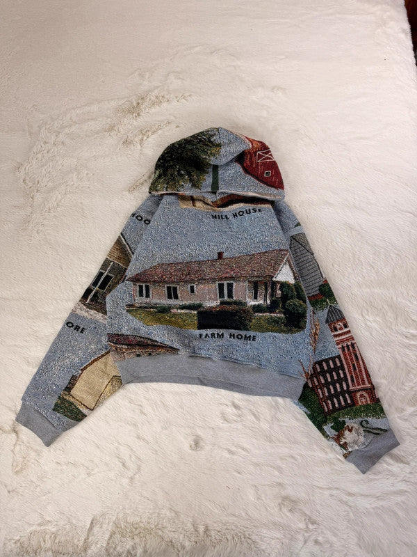 Sweat à capuche en tapisserie ample boxy unisexe unique fait main upcyclé tissé taille XS n•1090