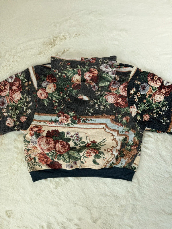 Sweat à capuche en tapisserie ample boxy unisexe unique fait main upcyclé tissé taille M n•1091