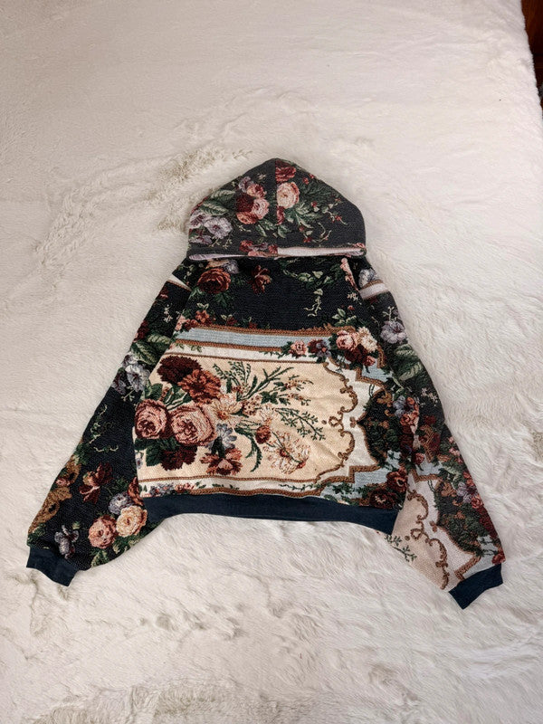 Sweat à capuche en tapisserie ample boxy unisexe unique fait main upcyclé tissé taille M n•1091