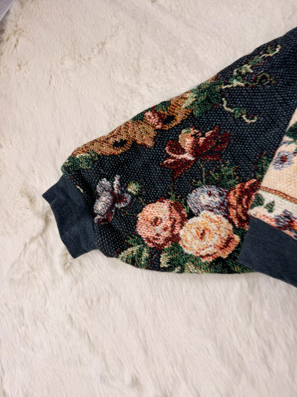 Sweat à capuche en tapisserie ample boxy unisexe unique fait main upcyclé tissé taille M n•1091