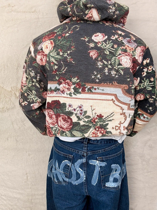 Sweat à capuche en tapisserie ample boxy unisexe unique fait main upcyclé tissé taille M n•1091