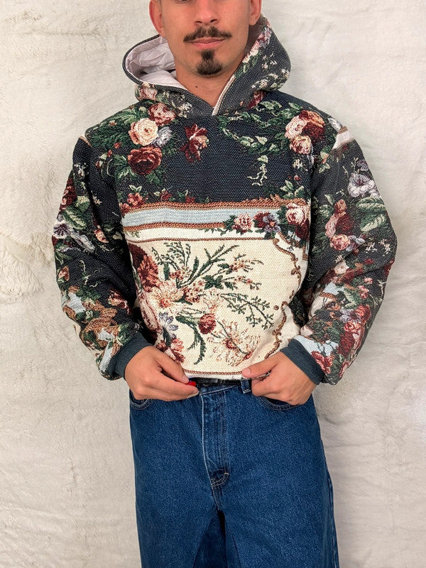 Sweat à capuche en tapisserie ample boxy unisexe unique fait main upcyclé tissé taille M n•1091