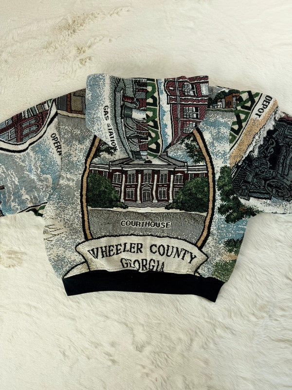 Sweat à capuche en tapisserie ample boxy unisexe unique fait main upcyclé tissé taille S n•1092